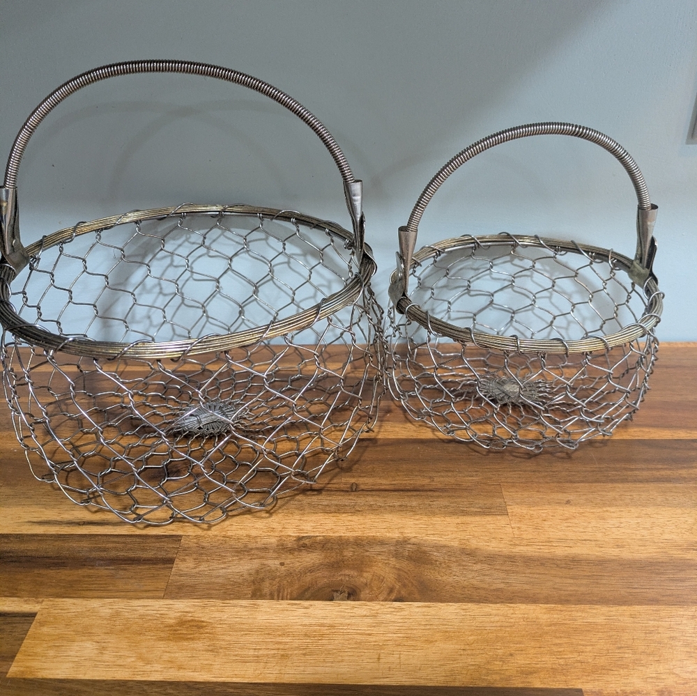 Set of Two Vintage  Aluminum and Brass Metal Woven Baskets. Farmhouse - Vintage